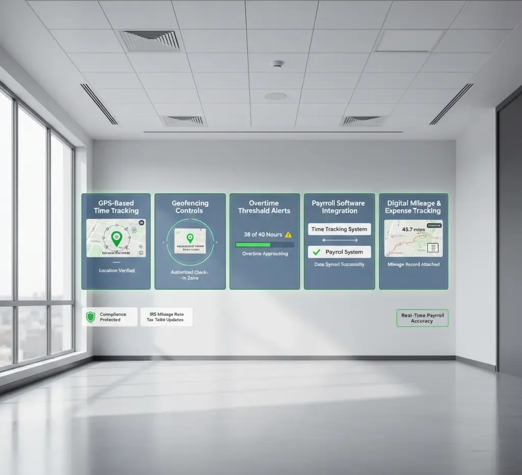 Digital payroll dashboard with GPS, geofencing and overtime alerts